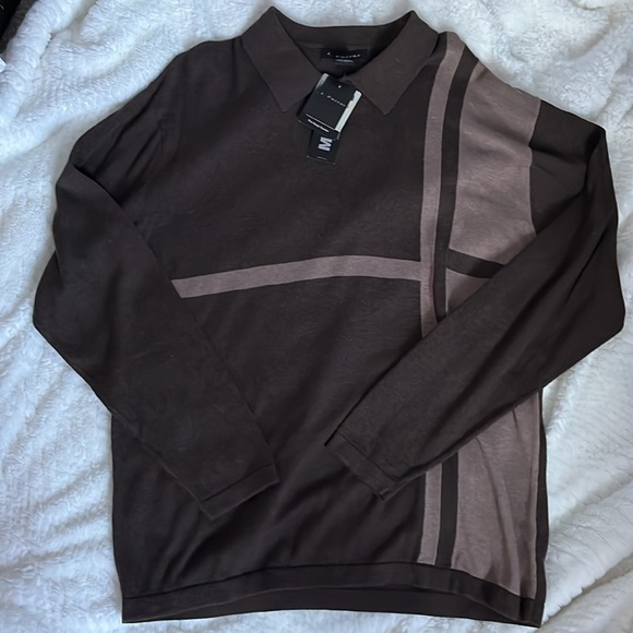 NWT J. Ferrar 100% Cotton Brown Two Button Collard Long Sleeved Sweater - Picture 5 of 6